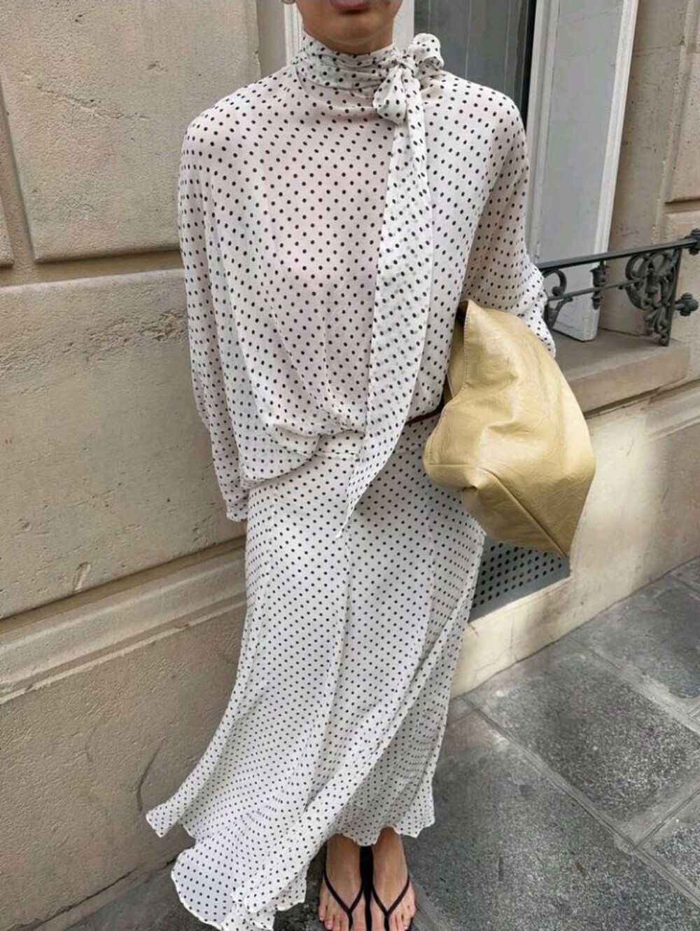 New Elegant Polka Dot Print Tie Neck Lantern Sleeve Top And Skirt 2 Pieces Set
